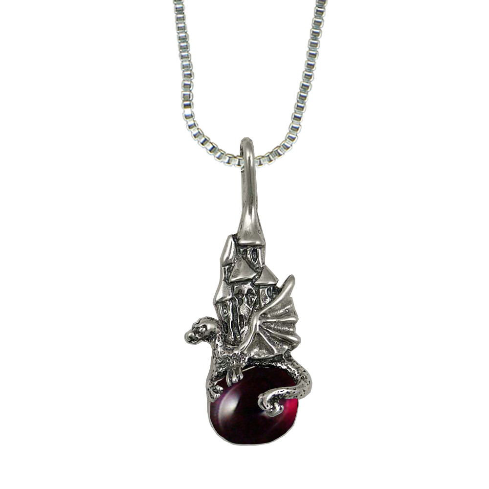 Sterling Silver Castle And Dragon of Prosperity Pendant With Garnet
